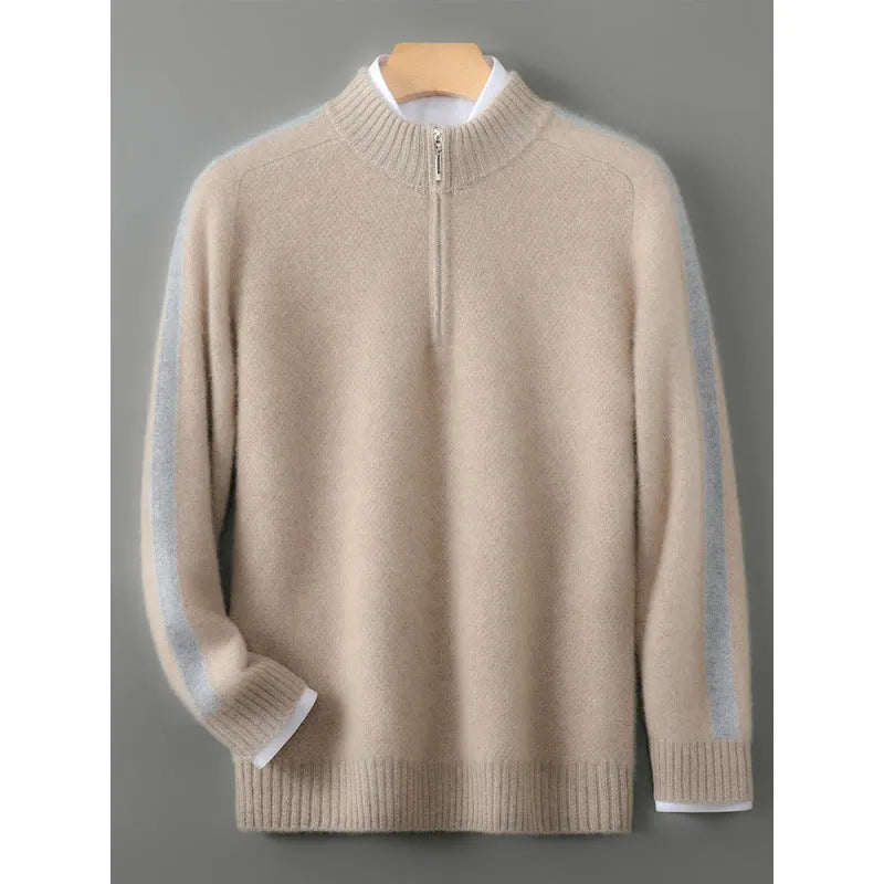 Plus-size slim fit sheep wool sweater with a half-height zip round neck in pea green colour