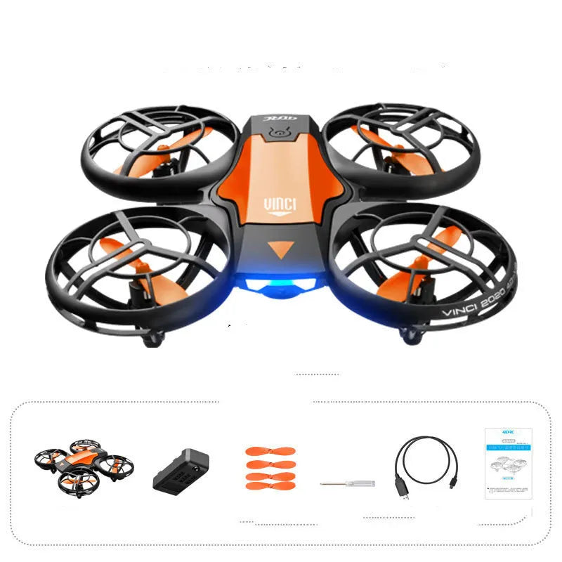 Blue mini RC quadcopter drone with propellers on a black background, showing remote control.