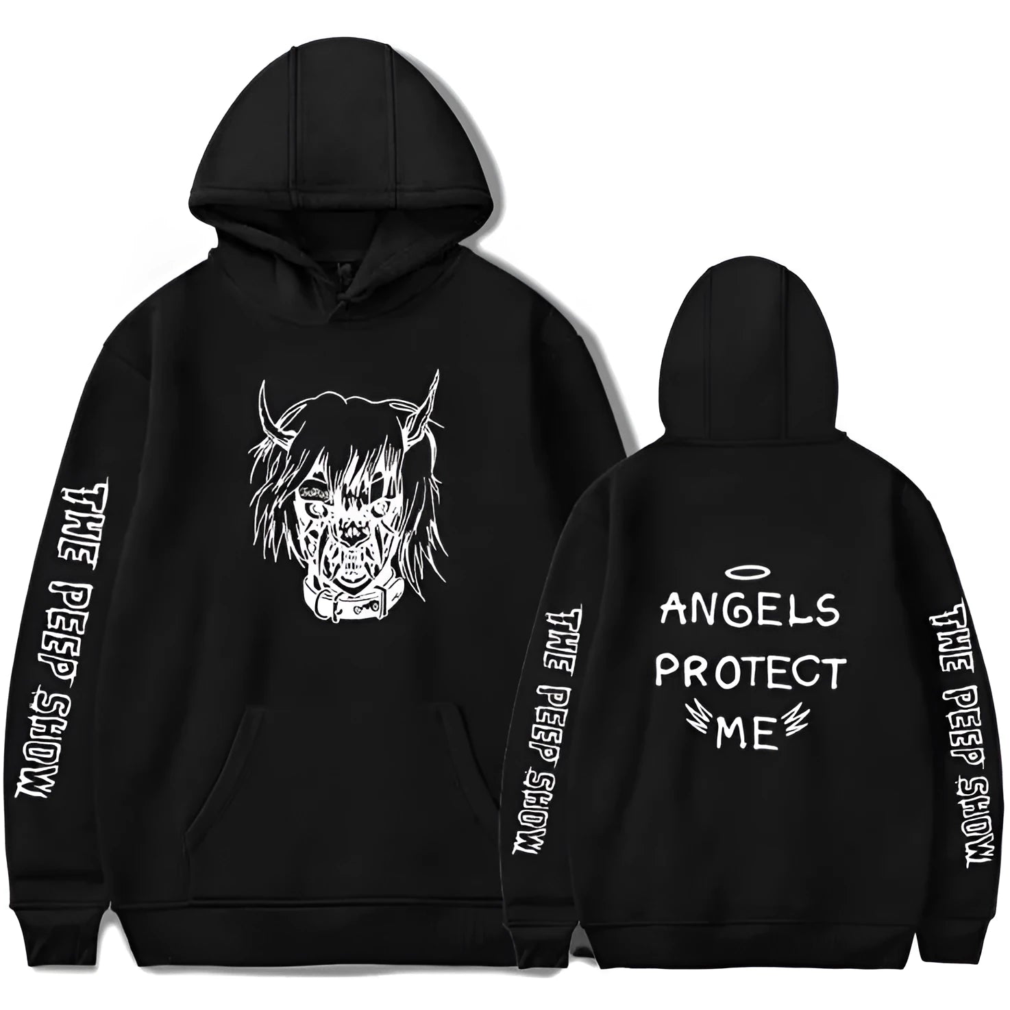 Angel And Devil cartoon print hoodie for men, hip hop style, black hooded sweatshirt with full sleeves