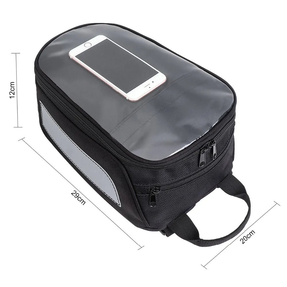 Black waterproof magnetic motorcycle fuel tank bag with phone pocket and reflective strips on Oxford cloth surface