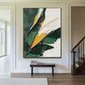 Hand-painted oil painting of green plants and banana leaves on canvas, vertical modern style, rolled and frameless