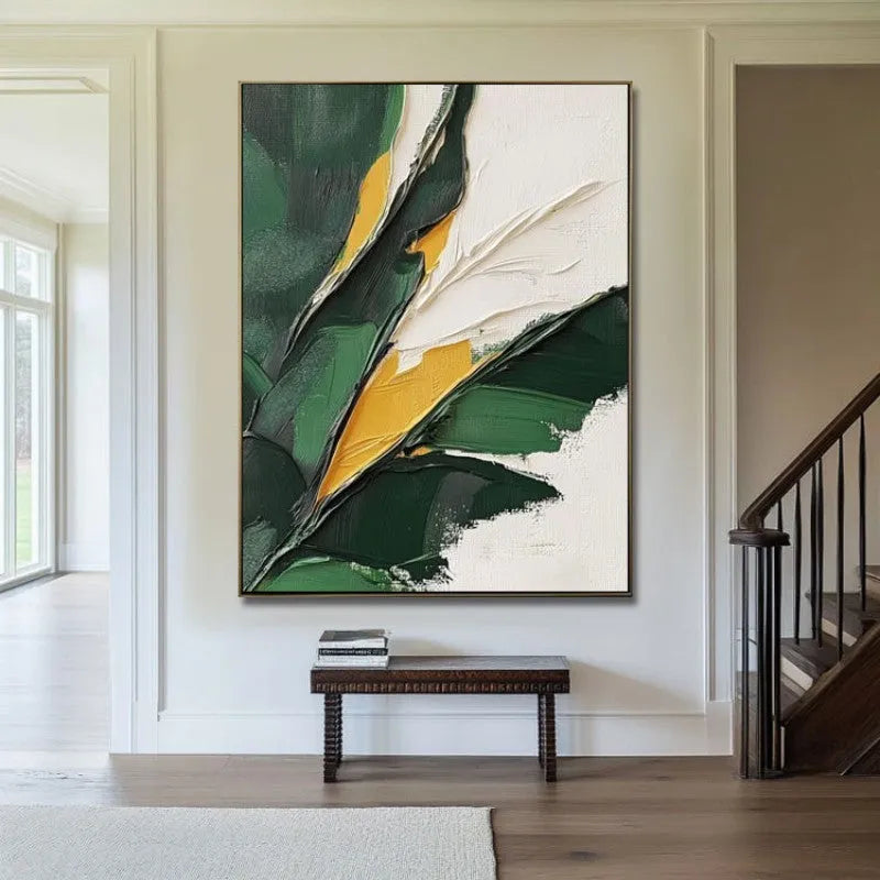 Hand-painted oil painting of green plants and banana leaves on canvas, vertical modern style, rolled and frameless