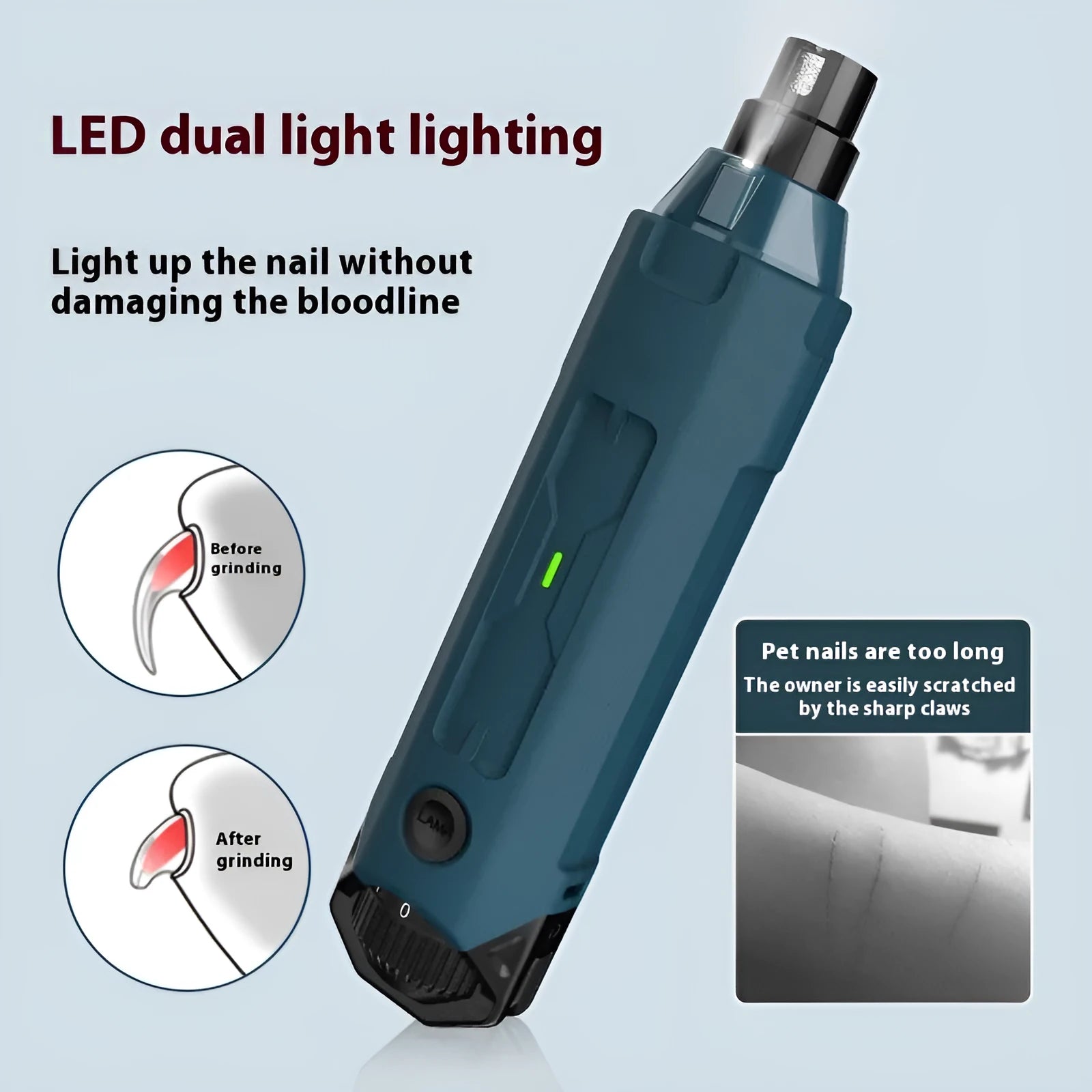 Dark blue pet nail grinder with 6-speed control knob and LED light for cat and dog grooming