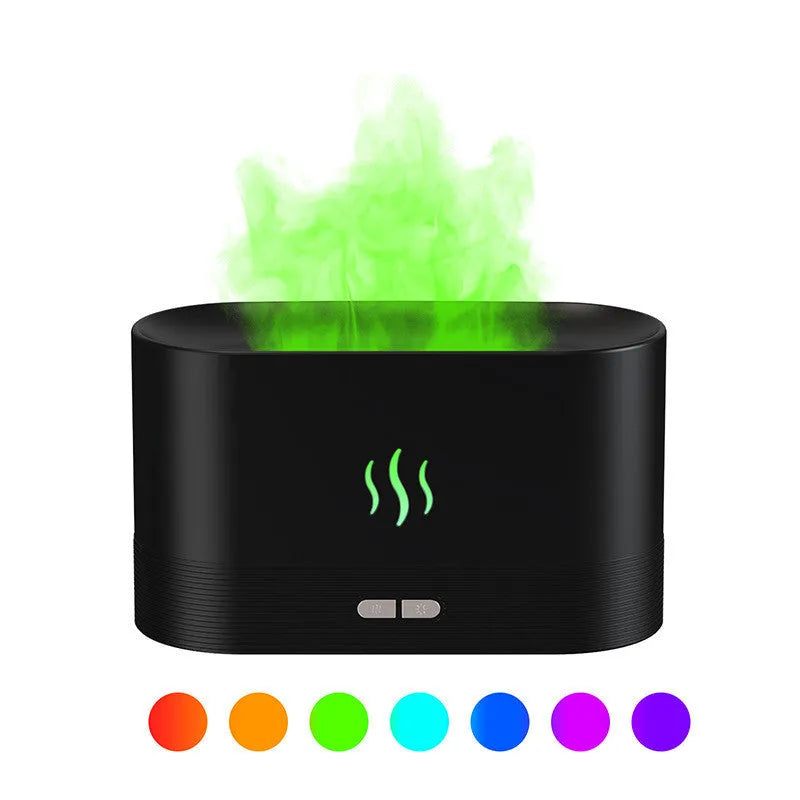 Square black ultrasonic aroma diffuser with flame light effect and mist output