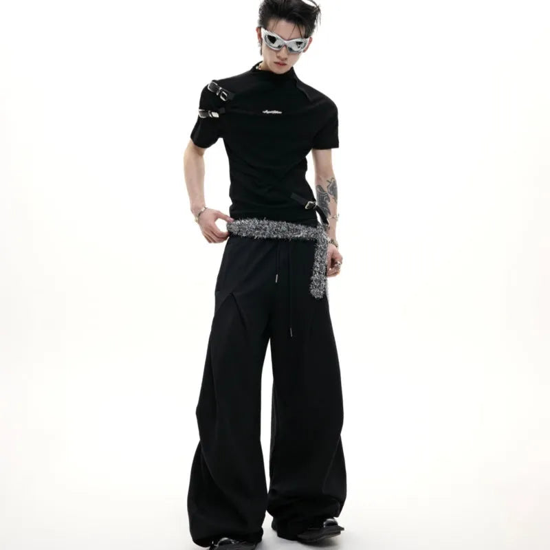 Men's cotton T-shirt with metal belt design and small stand-up collar slim fit short sleeve