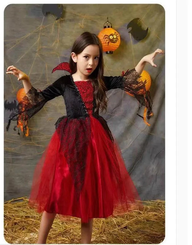 Children's Halloween witch costume suit in polyester fibre with cape and dress options, multiple sizes from 90cm to 170cm