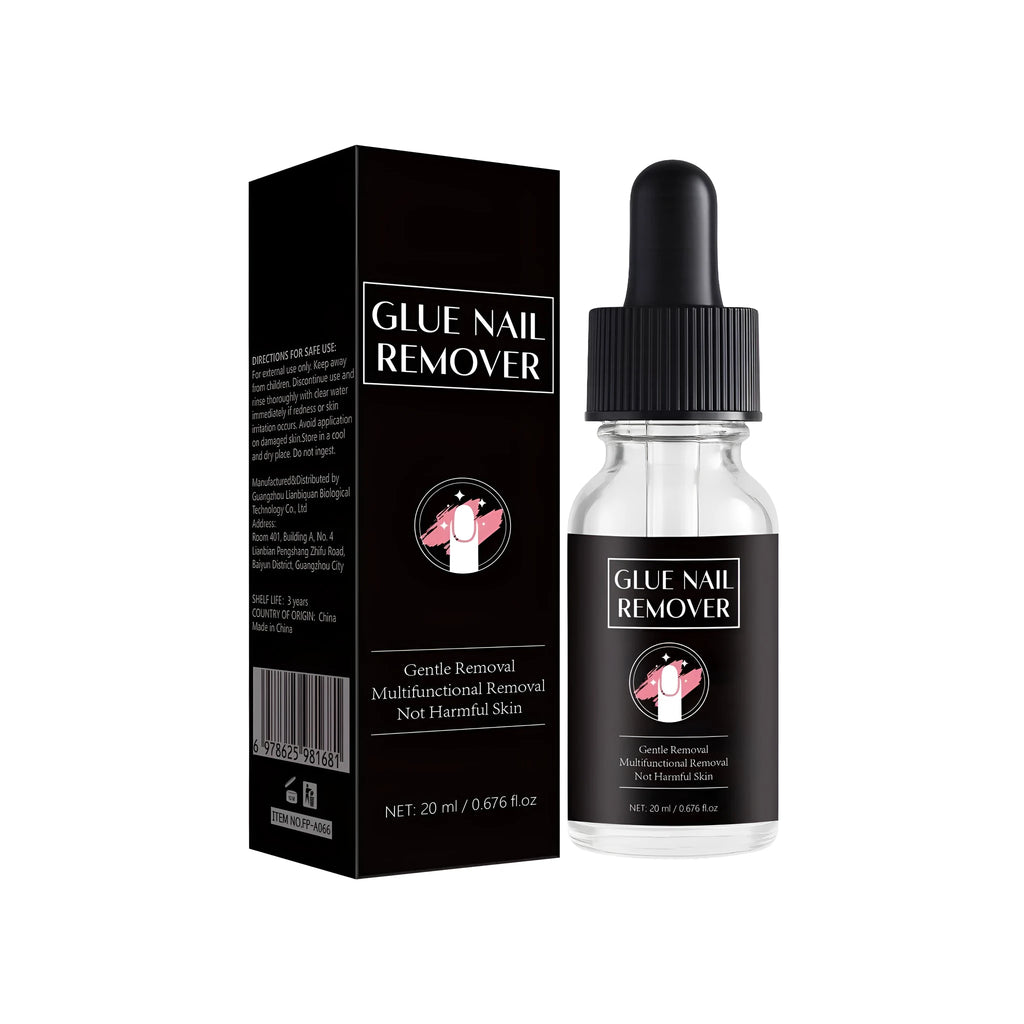 20ml bottle of nail glue remover with attached applicator brush for removing false nail adhesive.