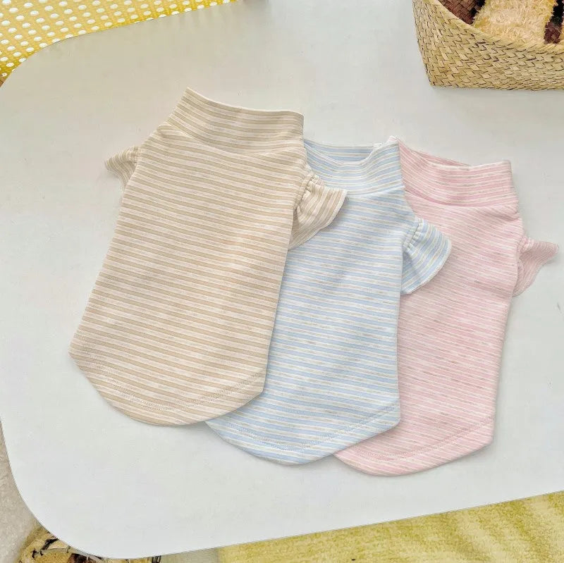 Striped turtleneck flounced sleeve pet clothes in coffee, polyester base layer shirt for dogs and cats