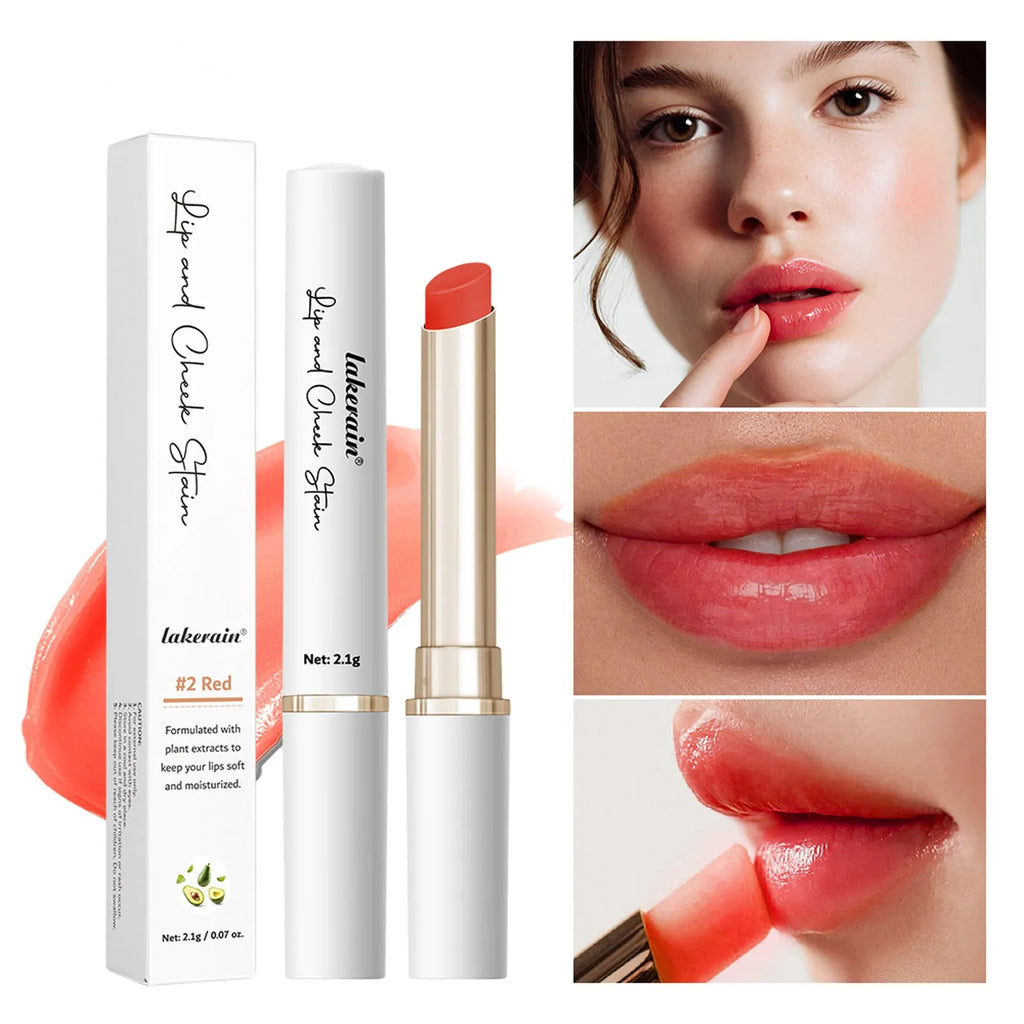 Dual-purpose lip and cheek temperature change lipstick in 3.5g stick format with moisturising and nourishing formula