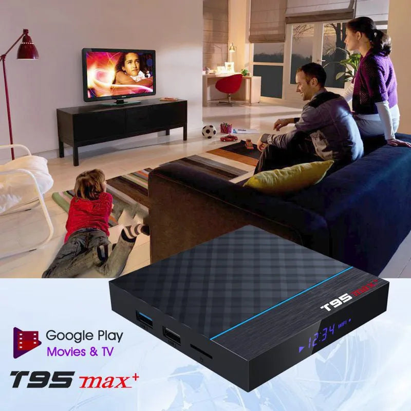 Black T95 Max Plus Android TV Box with remote control, showing ports for HDMI and power.