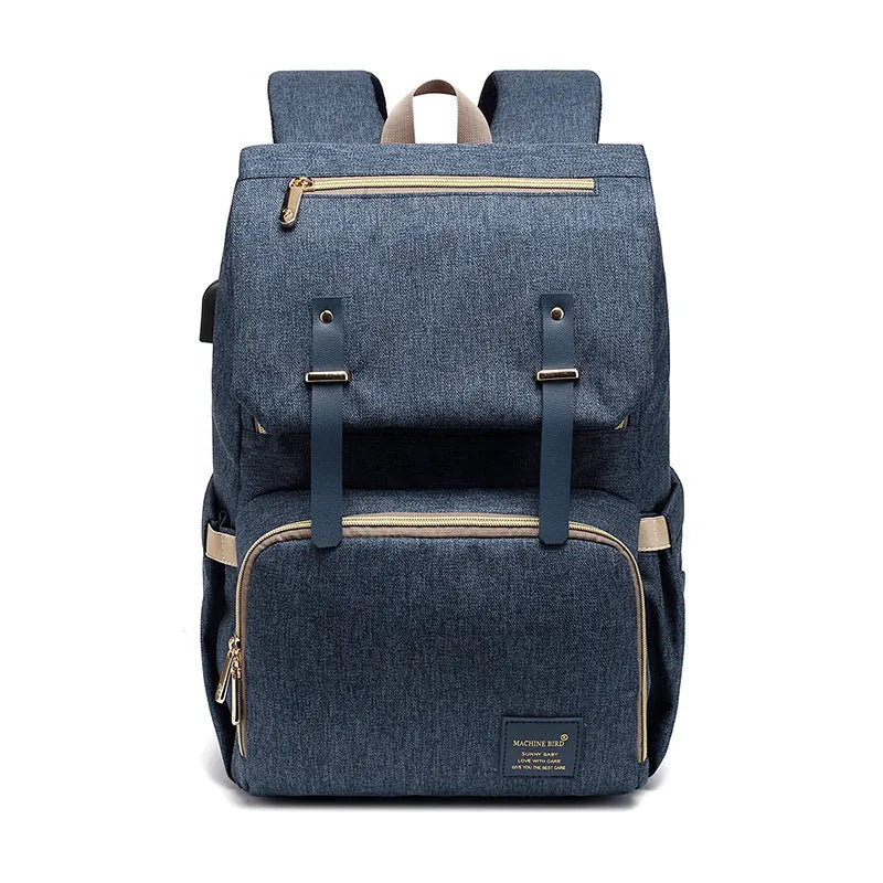 Grey white double shoulder mummy bag with bottle, stroller hooks, and multiple pockets for baby essentials