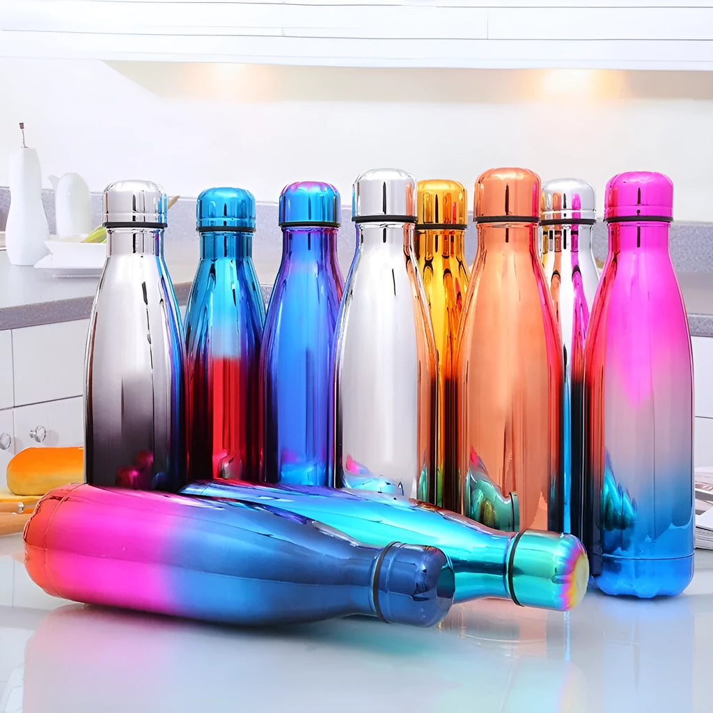 500ml stainless steel vacuum flask with double wall insulation and Coke bottle shape, shown as a thermal water bottle for hot and cold drinks.