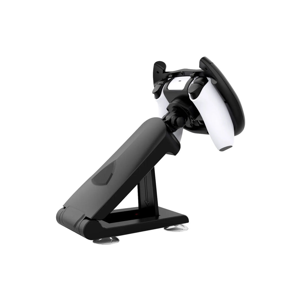 Black ABS gamepad steering wheel bracket with suction cup for mounting a mobile phone.