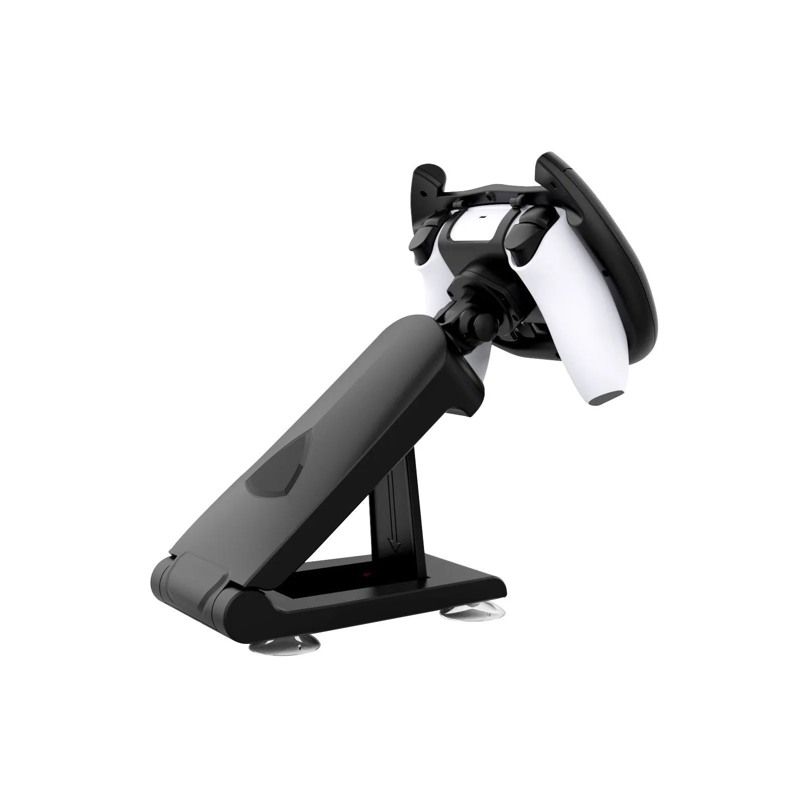 Black ABS gamepad steering wheel bracket with suction cup for mounting a mobile phone.