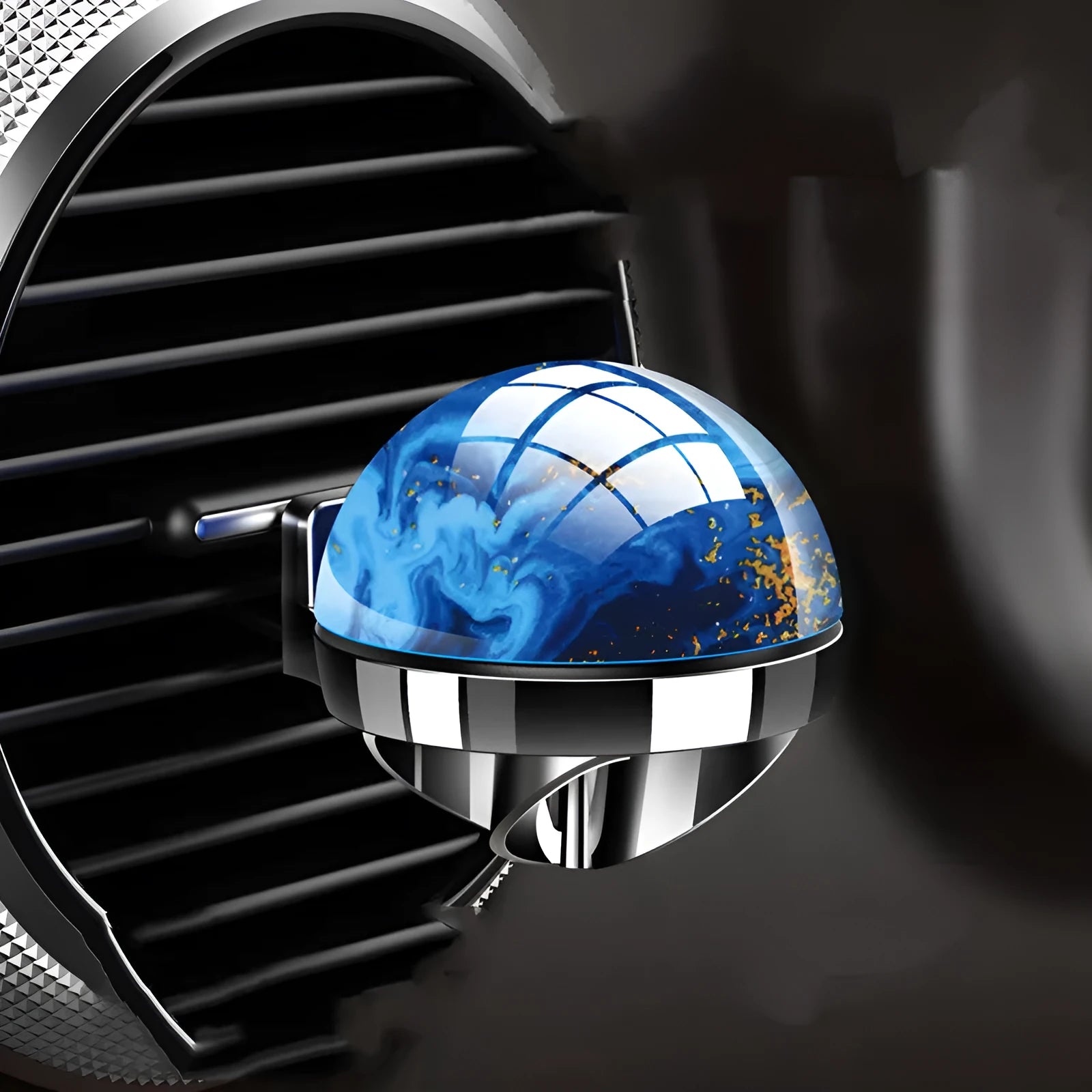 Planet-shaped car aromatherapy diffuser in gun black finish with ABS vacuum plating and two fragrance oil bottles