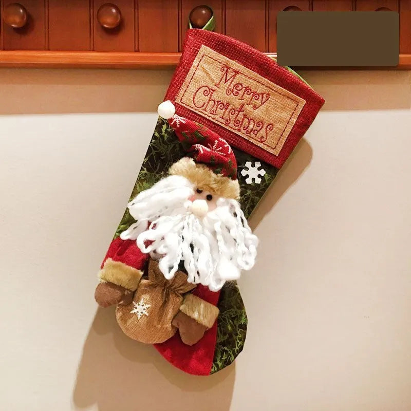 Handmade cloth Christmas stocking with 3D elk appliqué, large opening, and hanging loop.