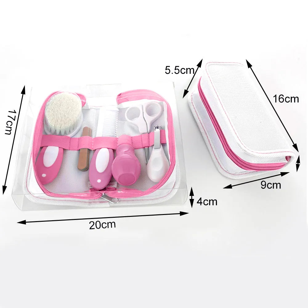 Crimson pink case open to show 6-piece baby nail comb and grooming care set.