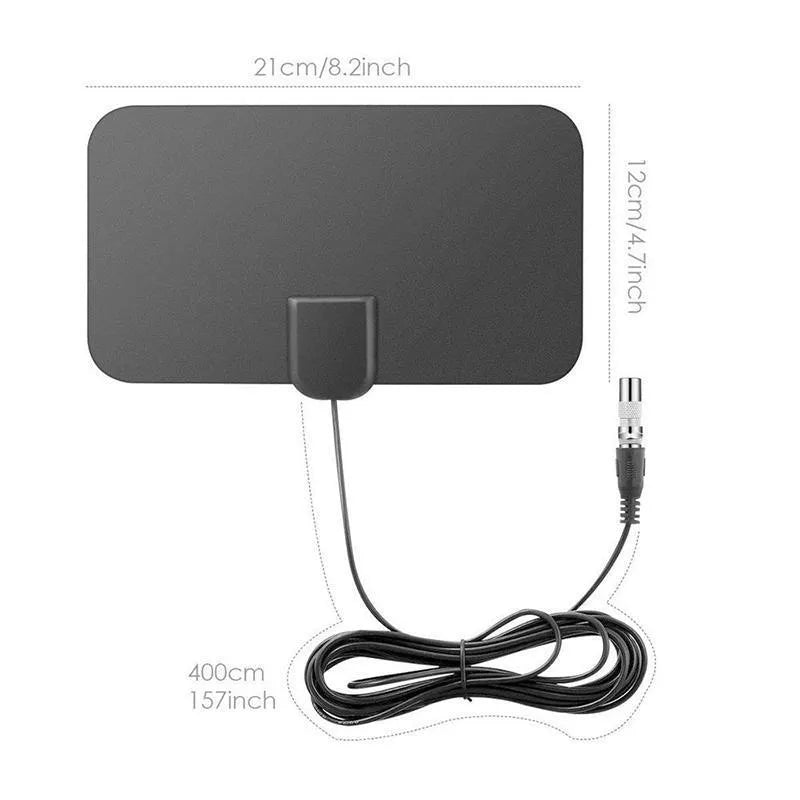 Black digital HD indoor TV antenna, 210 x 120 x 0.8 mm plate, 3 m coaxial cable, F-head connector, 1080p