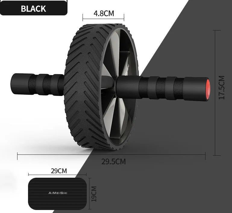 Exercise belly roller abdominal wheel with 17.5cm diameter, steel frame, and two gloves in black