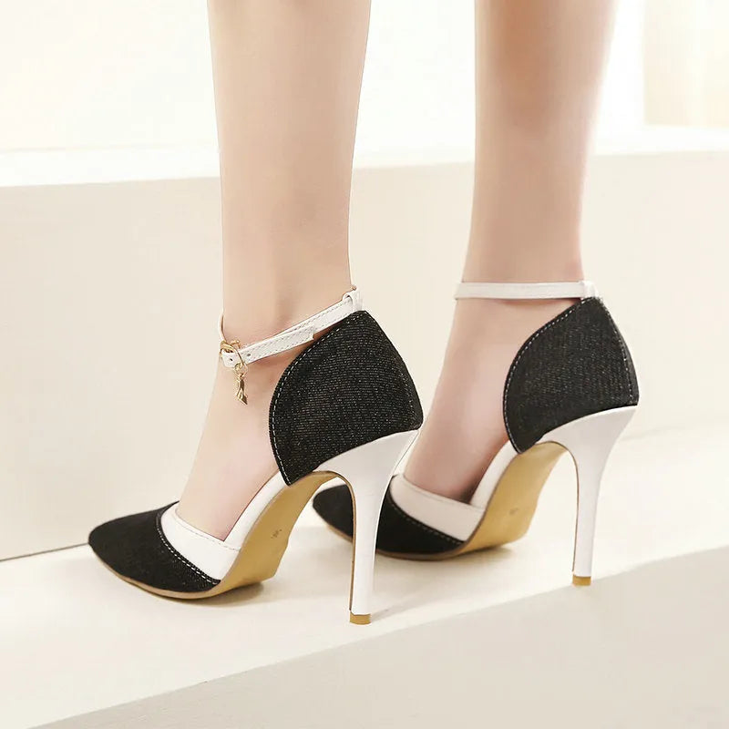 Women's denim pointed stiletto high heel shoes with buckle closure and shallow mouth in deep orchid colour