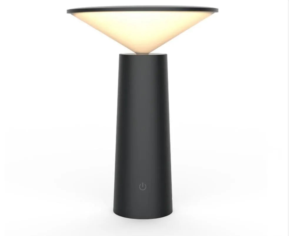 Black USB rechargeable table lamp with touch sensor panel and an adjustable flip lamp head.