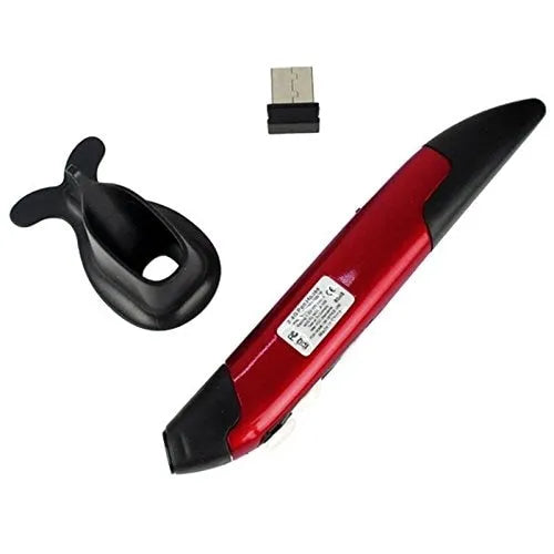 Wireless optical pen mouse in blue, red, and gray with ergonomic pen shape and 2.4 GHz USB receiver