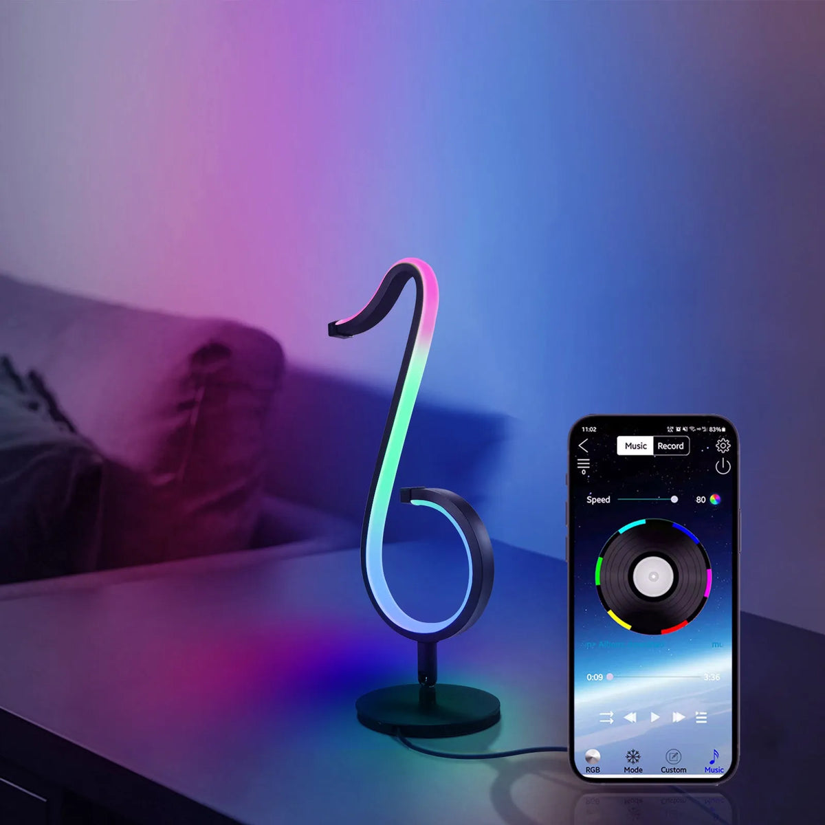 Black aluminium and iron intelligent APP remote control symphony atmosphere light with 180° rotation on a desktop
