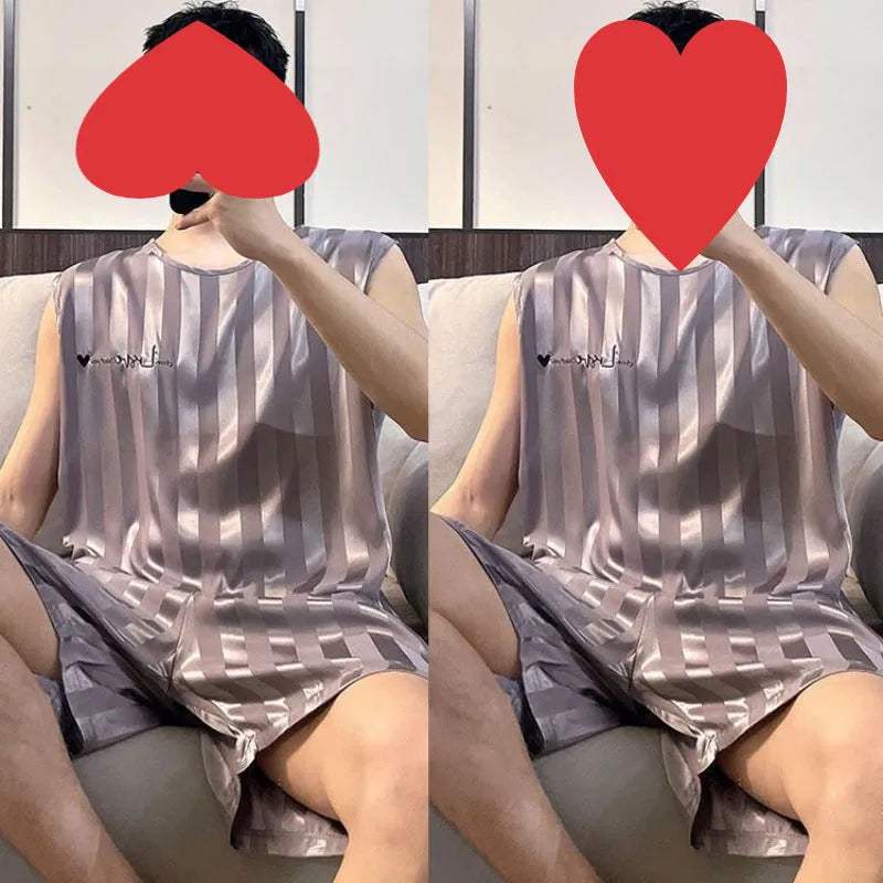 Men's ice silk pyjama set with sleeveless vest and shorts in white, black, or grey.