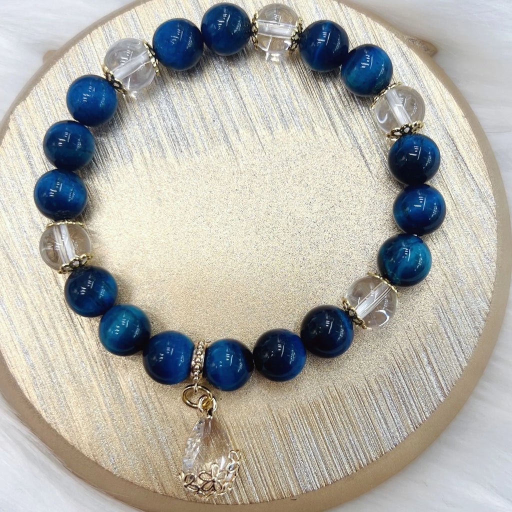 Blue tigereye drop-shaped bracelet for women with manual processing and colour-retaining finish