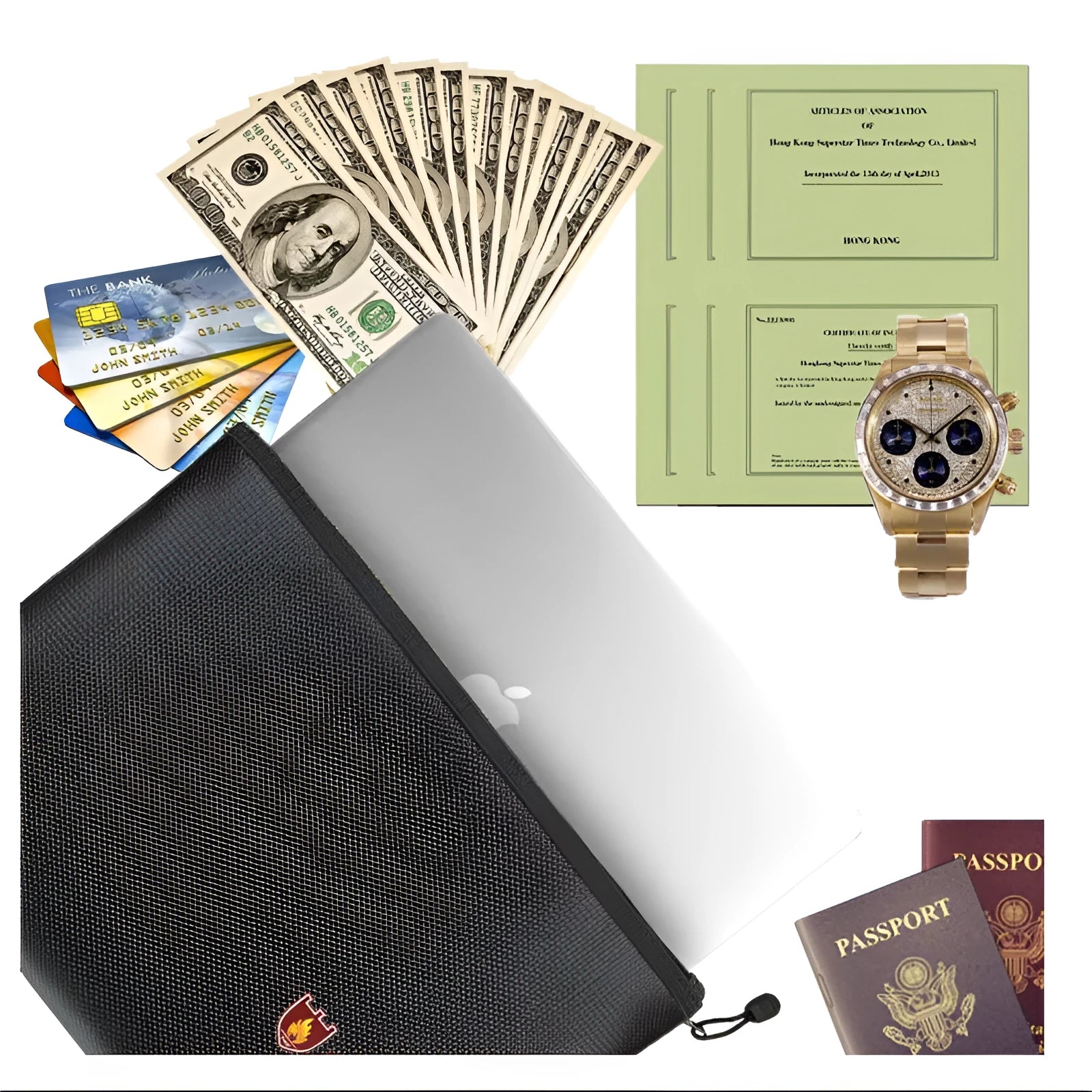 Black fire-proof contract information document bag shown in three different sizes for A4 paperwork.
