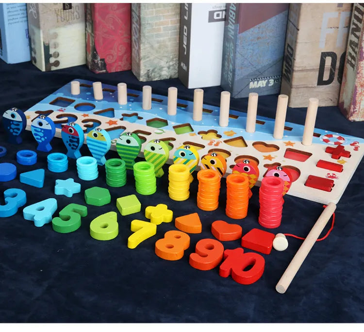 Wooden 3D alphabet and number puzzle board with colourful geometric pieces for toddlers.