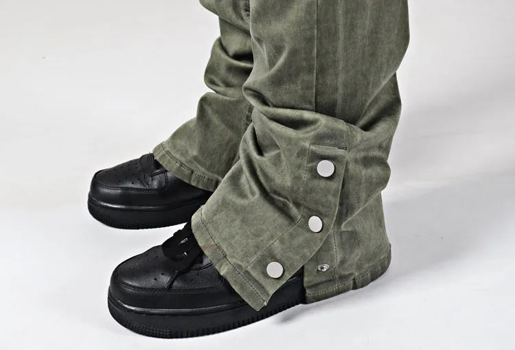 Men's elastic casual flare jeans in army green, mid-waist straight fit, cotton stretch denim with multi pockets