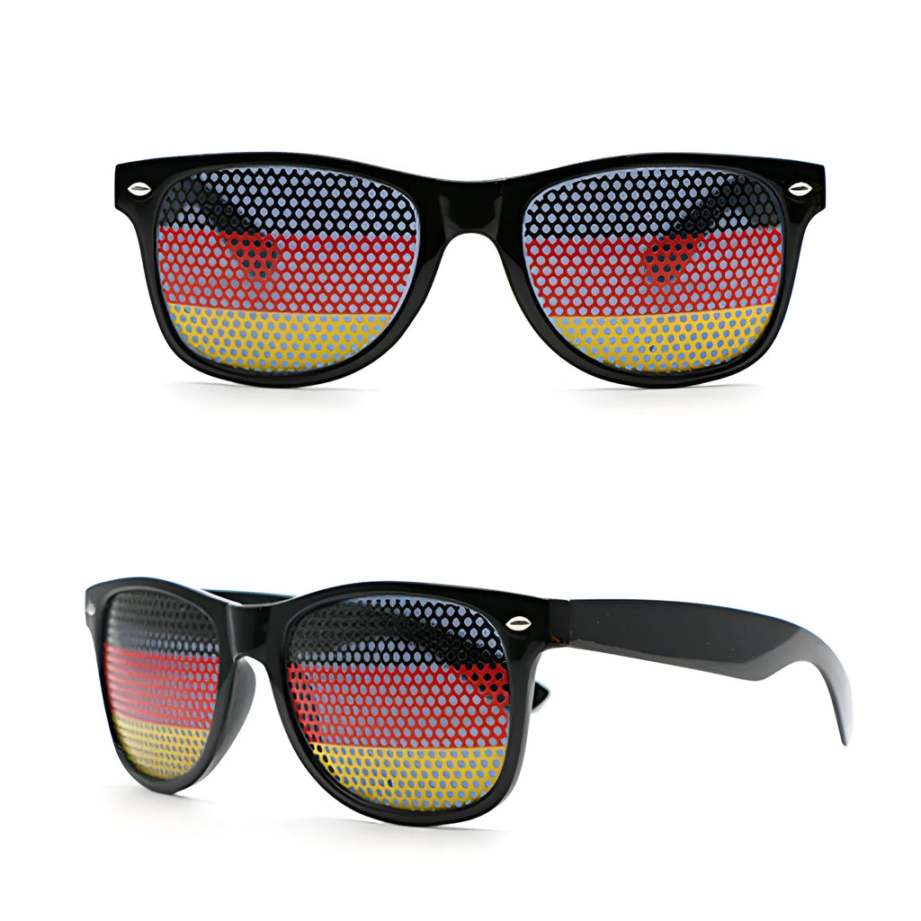Black flag sticker sunglasses with international country designs including USA, UK, Germany, France, Brazil flags