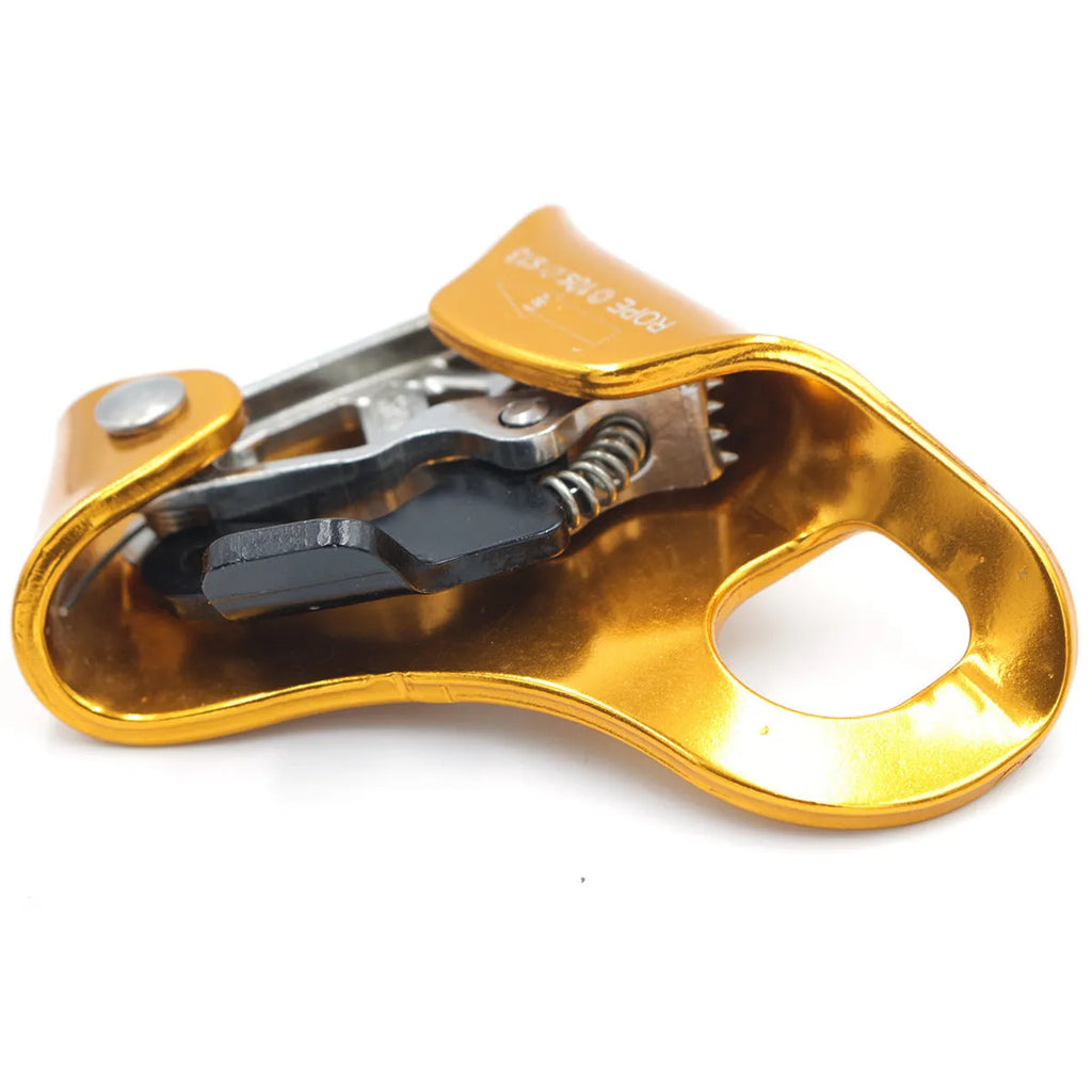 Yellow pre-abdominal ascender made from 7075 aluminium alloy for rope climbing