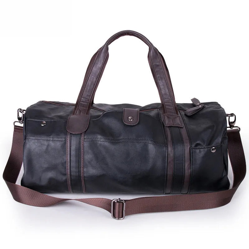 Portable cylinder leisure travel bag in PU leather, 21x49x22cm, 36-55L, with phone, camera and zip pockets