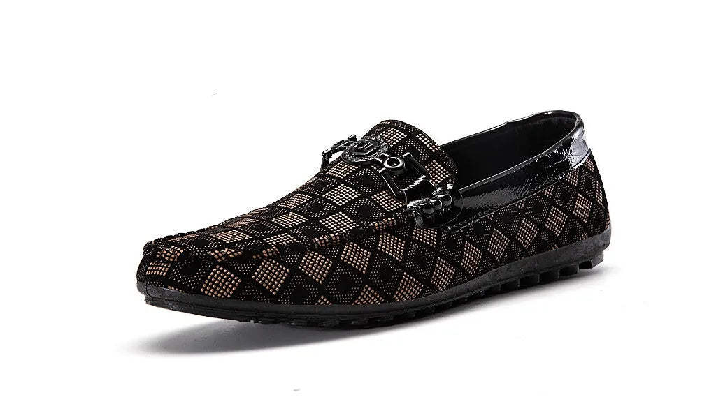 Lazy man plaid shoes in Black, Khaki, and White with shallow opening and flat heel
