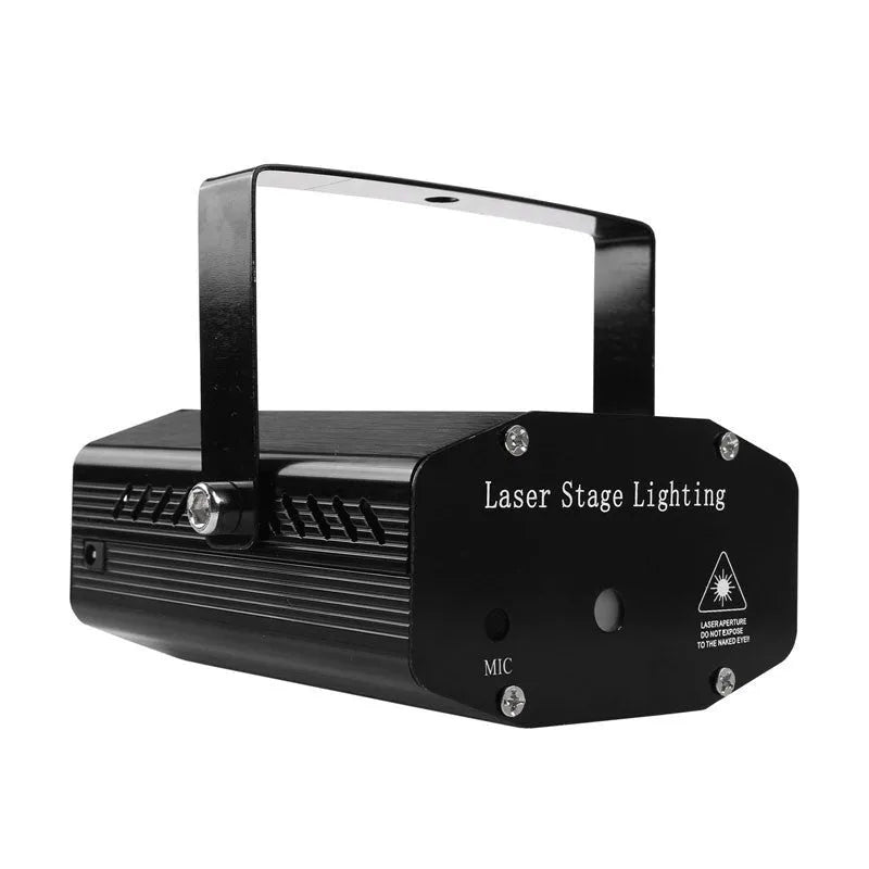 Mini laser projector in black with red and green laser beams, 100m distance, for party and event lighting