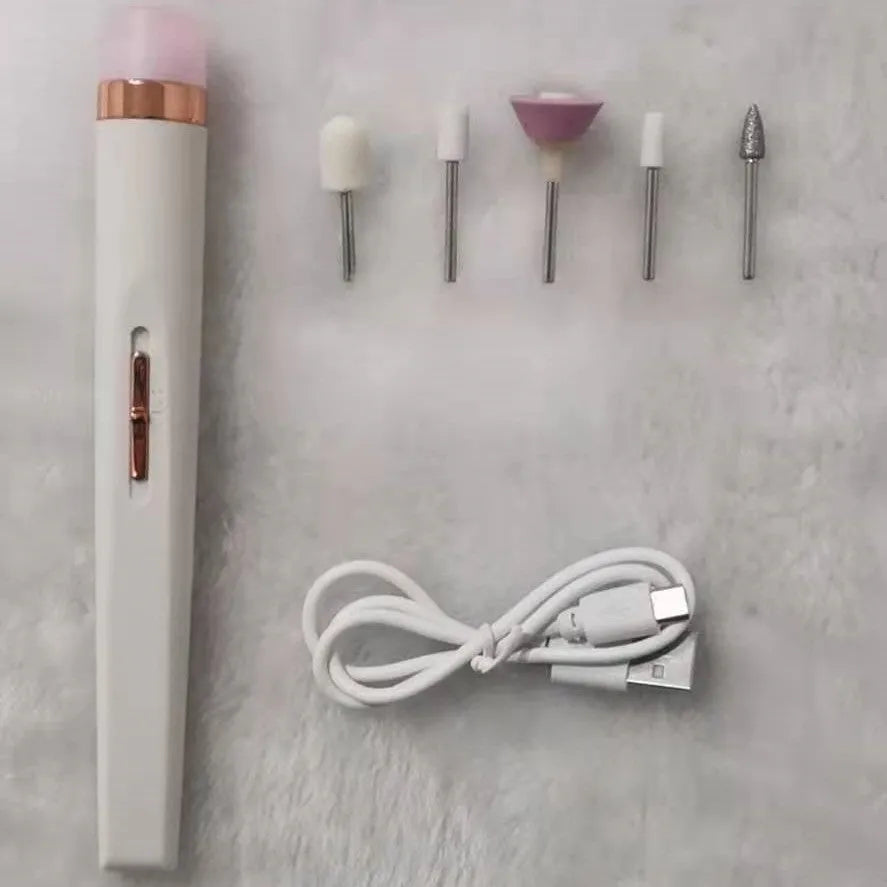5in1 cordless USB electric nail drill set with LED light, five abrasive heads, and rechargeable battery in pink