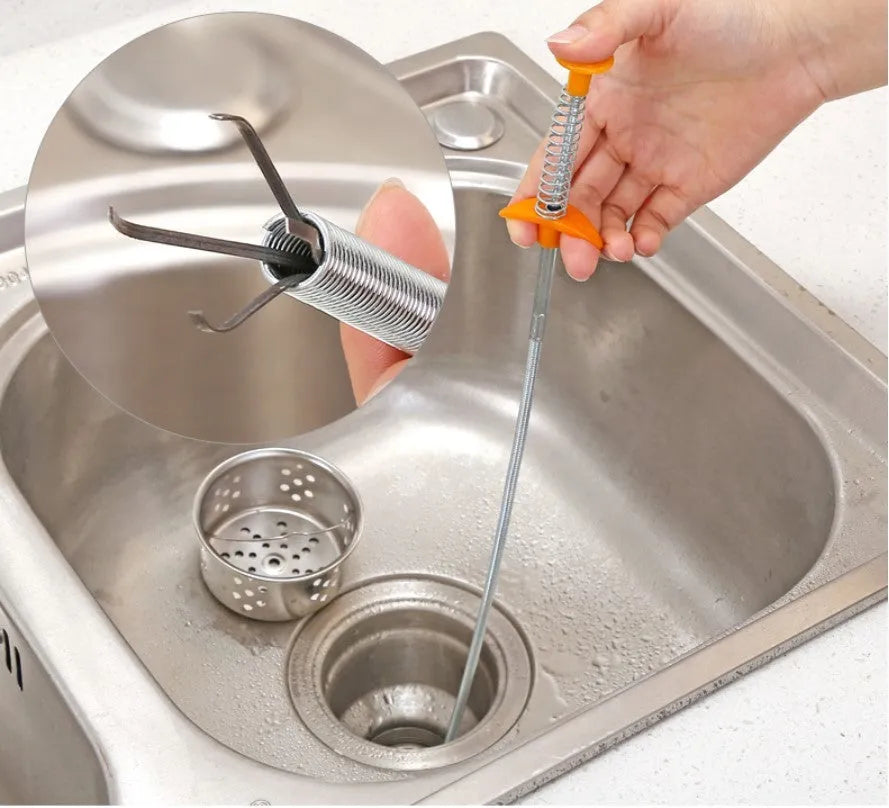 Flexible 60cm long sewer dredger spring cleaning tool with a grip handle for unblocking sink drains.