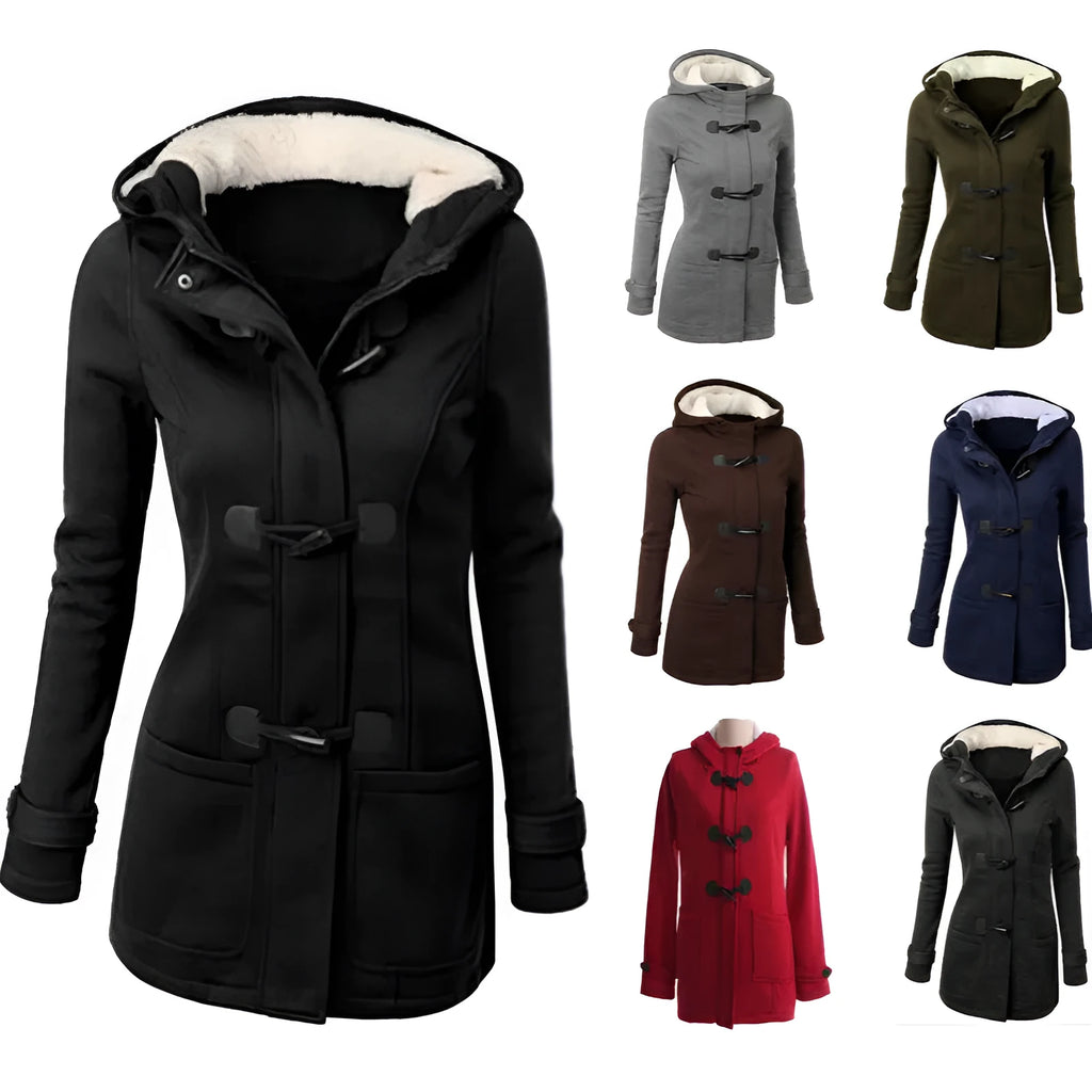 Women's hooded jacket in solid colour, slim fit polyester coat with zip front, available in multiple colours and sizes up to 6XL