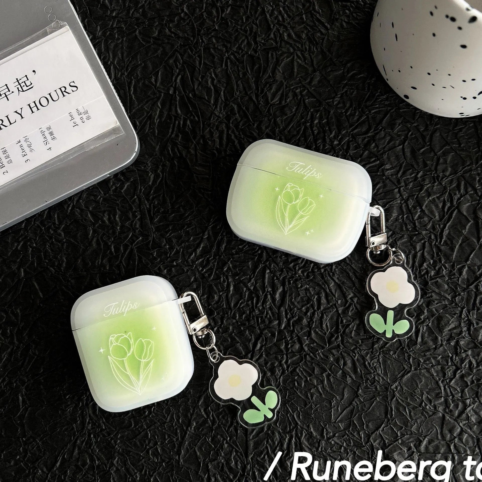Transparent green tulip embossed TPU earphone cover for Apple AirPods case