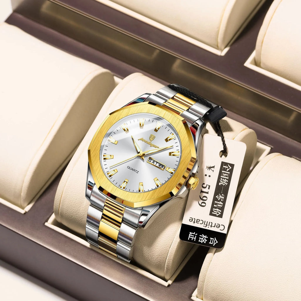 Men's steel strap quartz watch with a business design, shown in various colour combinations