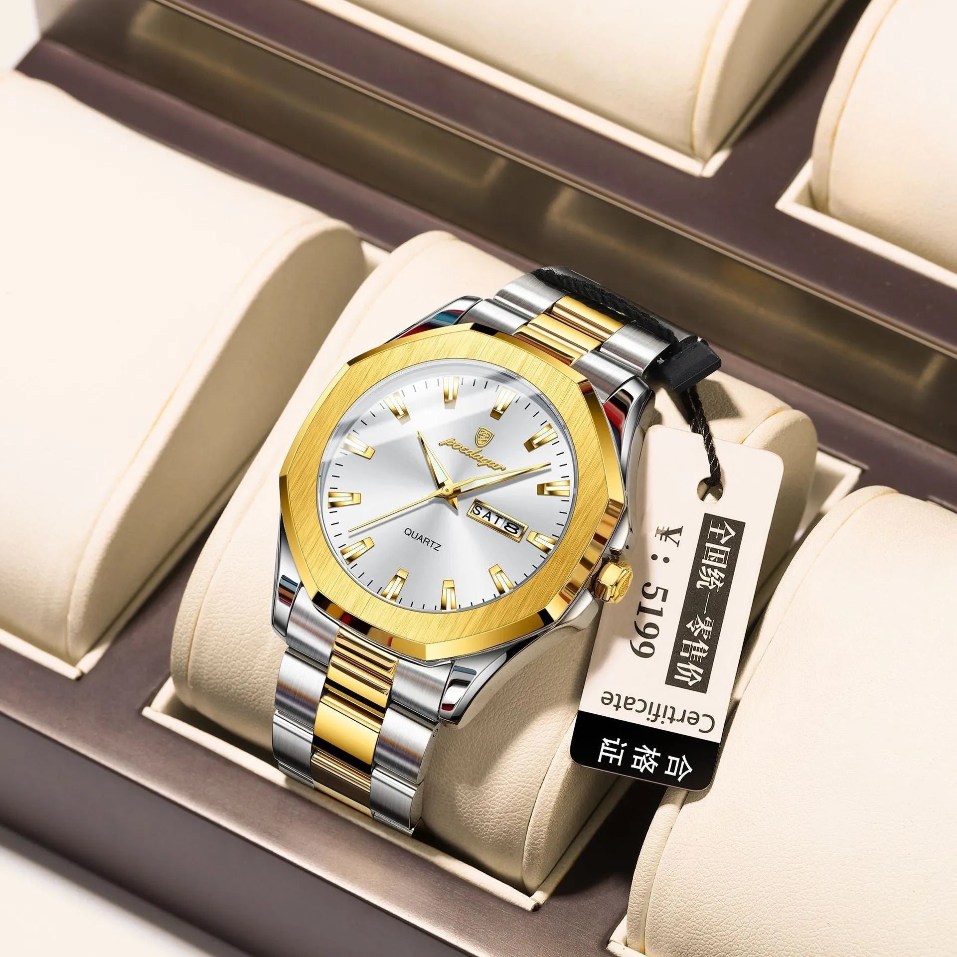Men's steel strap quartz watch with a business design, shown in various colour combinations