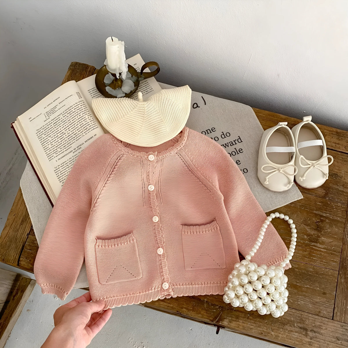 Baby girl sweet cardigan knitted coat in lotus root pink solid colour cotton yarn long sleeves