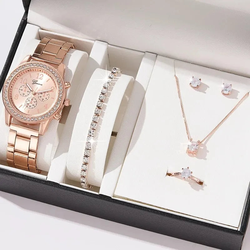 Women's casual quartz watch suit with alloy case and jewellery set in silver rose gold gold