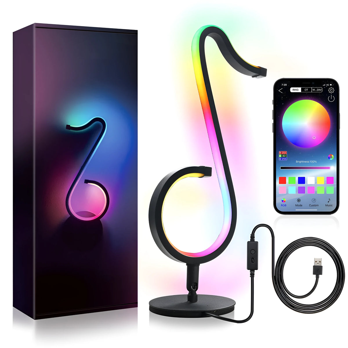 Black aluminium and iron intelligent APP remote control symphony atmosphere light with 180° rotation on a desktop