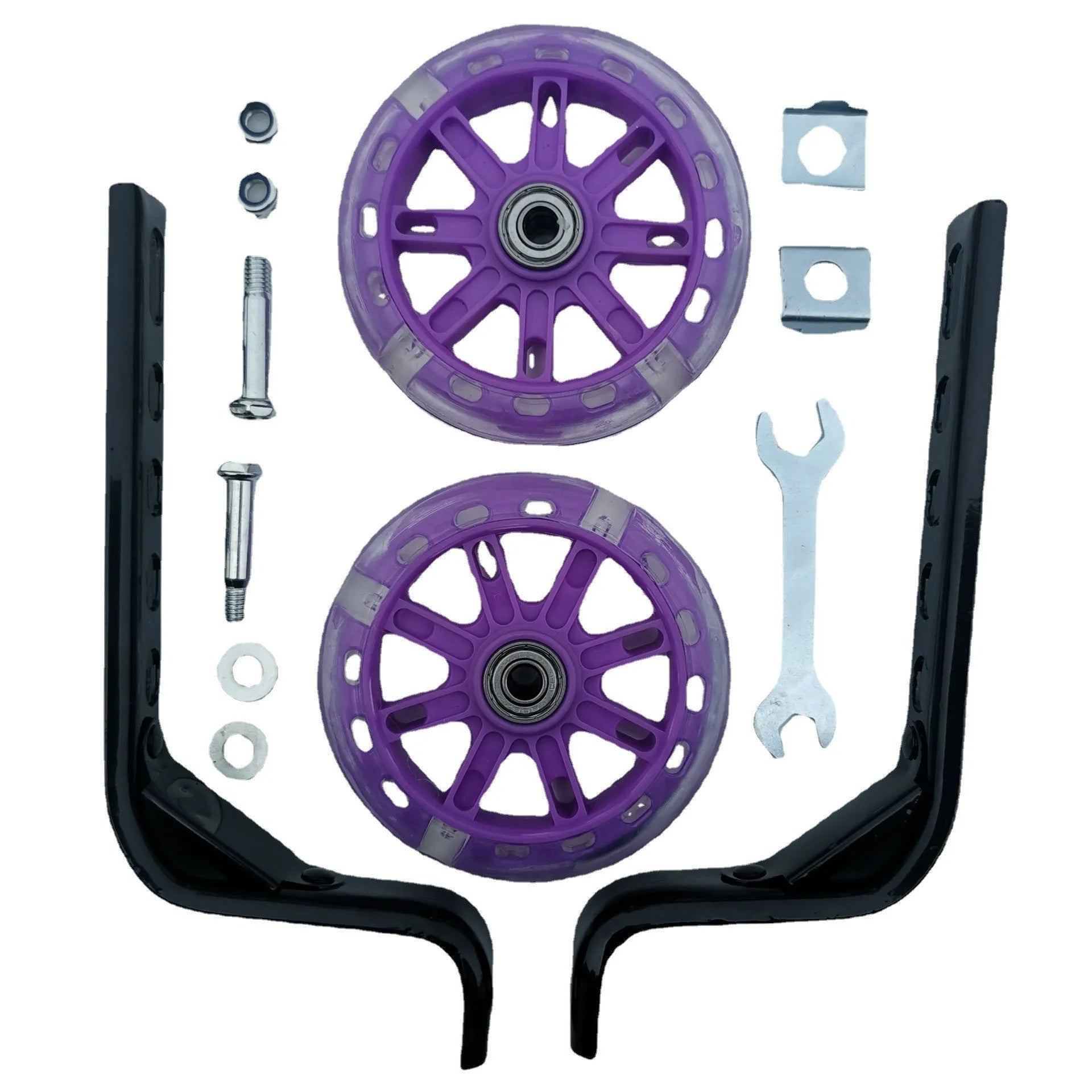 Set of children's bicycle training wheels with metal brackets and hardware in assorted colours