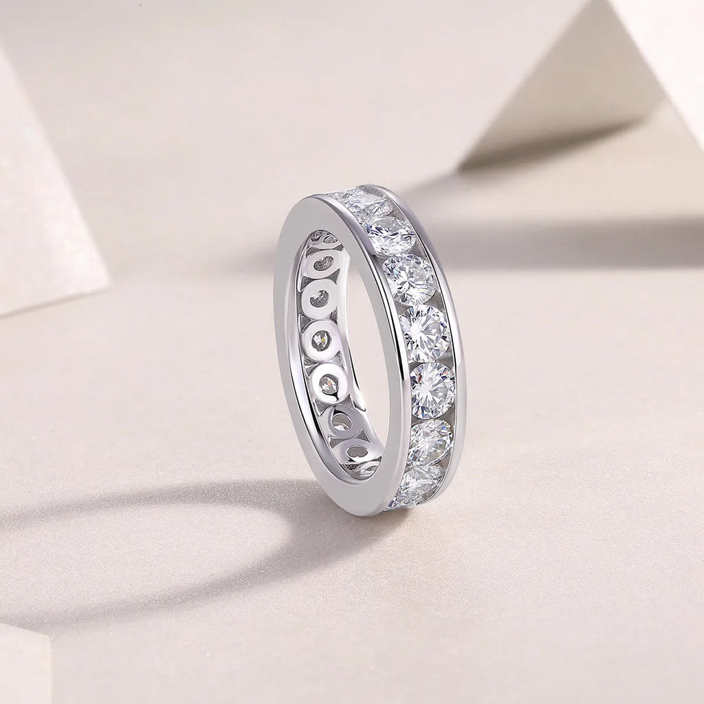 Large star moissanite wedding ring in S925 silver with platinum plating on white background