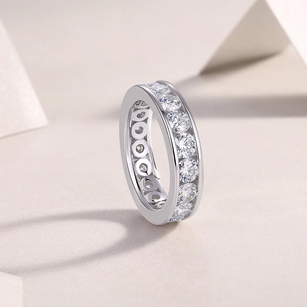 Large star moissanite wedding ring in S925 silver with platinum plating on white background