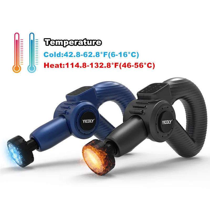 Black adjustable angle muscle massage gun with hot cold compress functions and five massage heads
